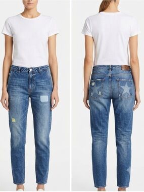 NWT + People Ilary Taperered Distressed Jeans Star Pockets Crop Sz 29